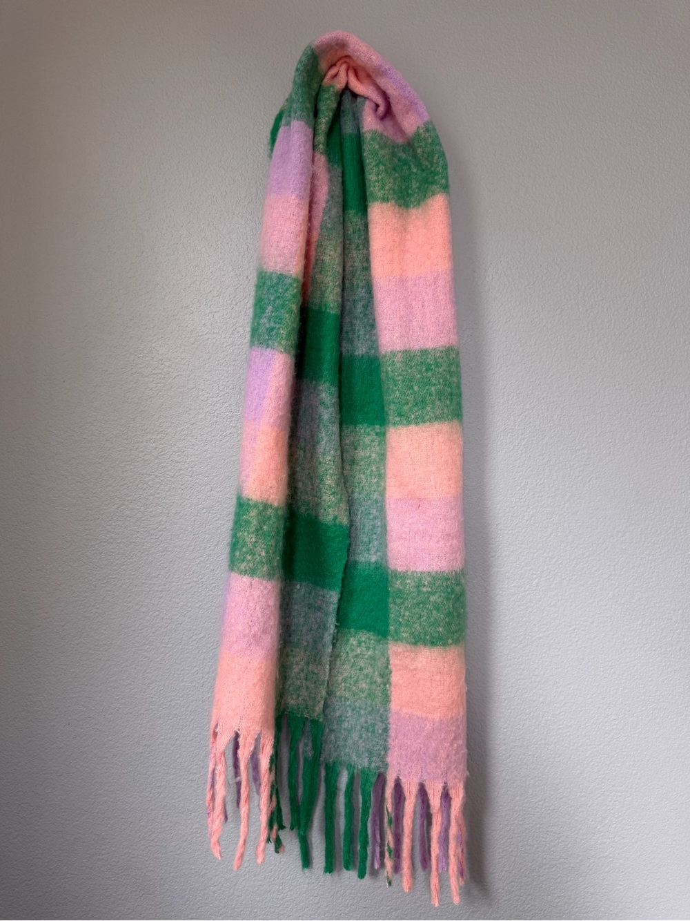 Pink and Green Checked Fringe Scarf - Women's Cozy Wrap